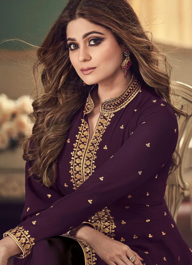Wine Golden Embroidered Slit Style Anarkali Pant Suit