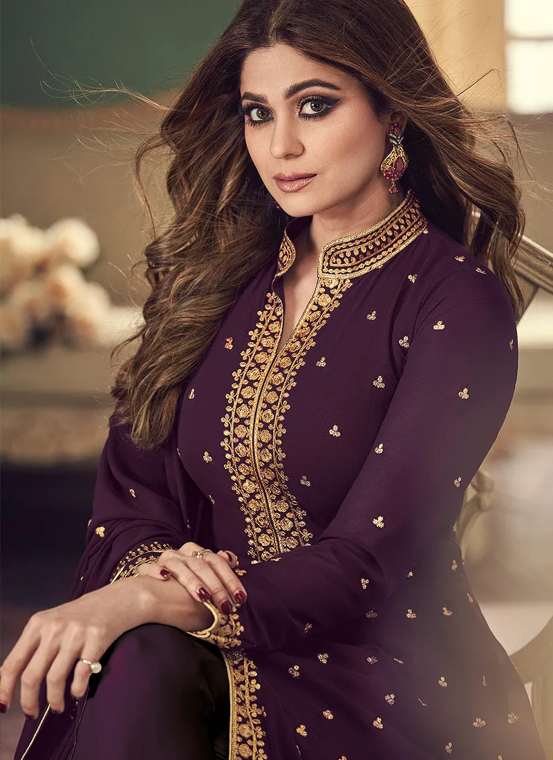 Wine Golden Embroidered Slit Style Anarkali Pant Suit