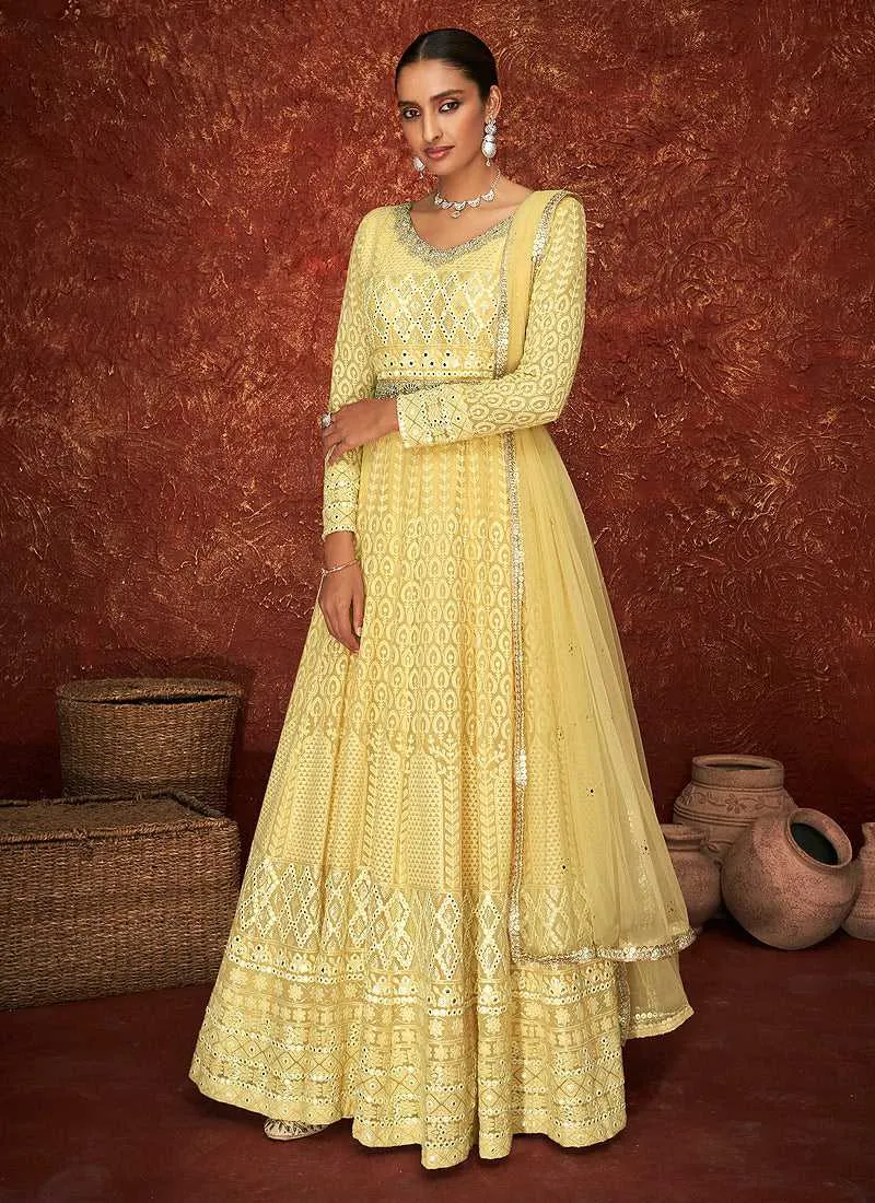 Yellow and Gold Gown Style Embroidered Anarkali Suit