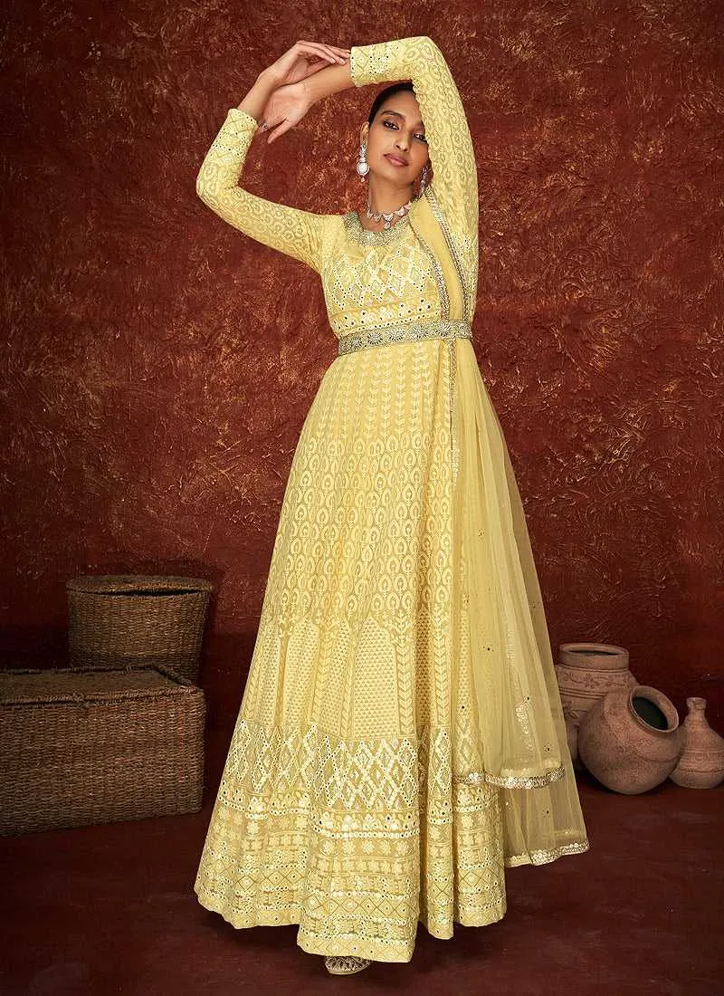 Yellow and Gold Gown Style Embroidered Anarkali Suit