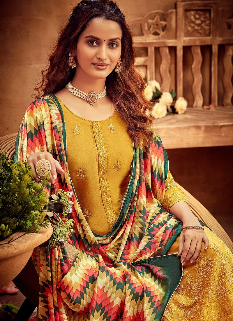 Yellow Embroidered Designer Palazzo Suit