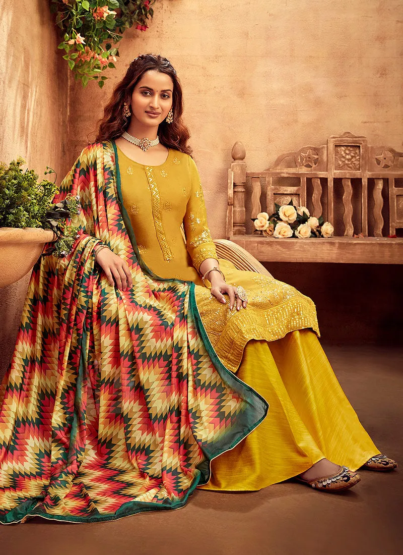 Yellow Embroidered Designer Palazzo Suit
